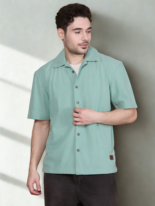 Relaxed Fit Half Sleeve Classic Corduroy Shirt - Green