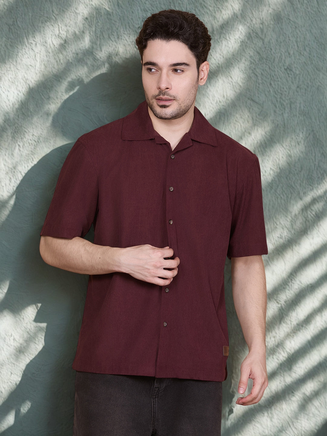 Relaxed Fit Half Sleeve Classic Corduroy Shirt - Wine