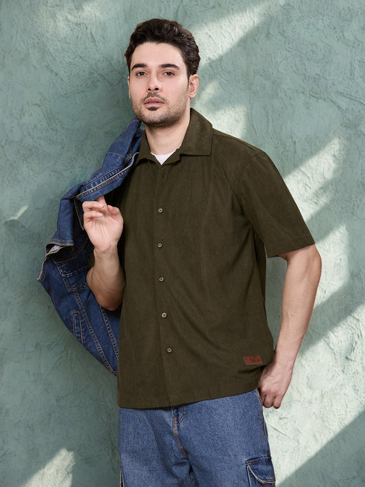 Relaxed Fit Half Sleeve Classic Corduroy Shirt - Olive
