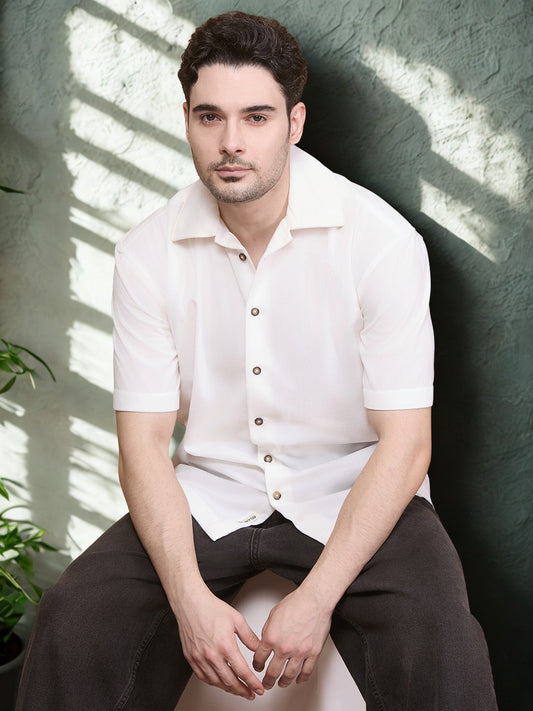 Relaxed Fit Half Sleeve Classic Corduroy Shirt - White