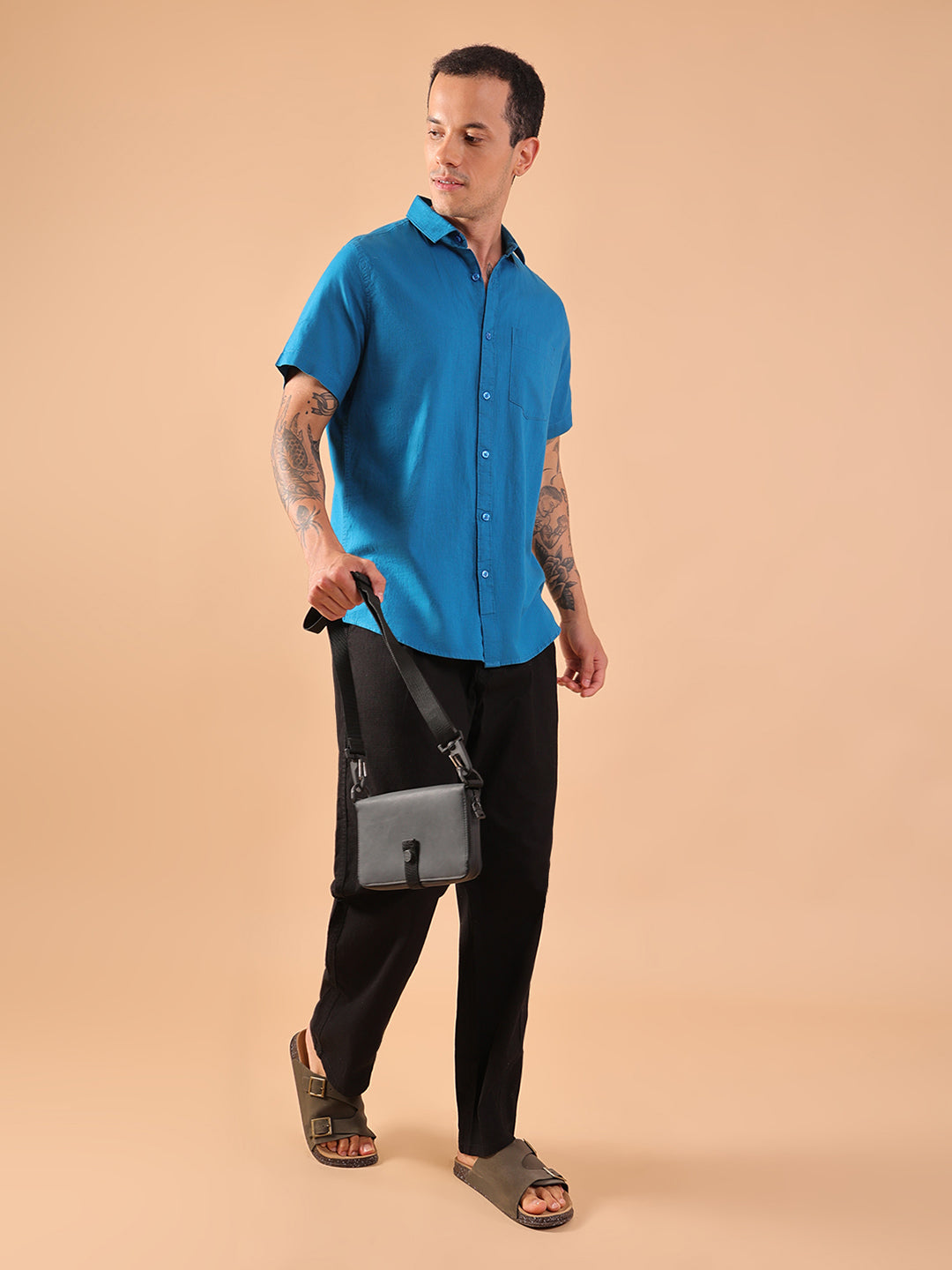 Cotton Linen Half Sleeve Shirt - Regular Fit - Teal