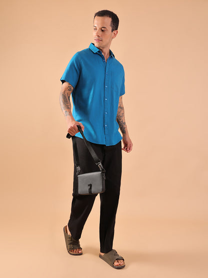 Cotton Linen Half Sleeve Shirt - Regular Fit - Teal