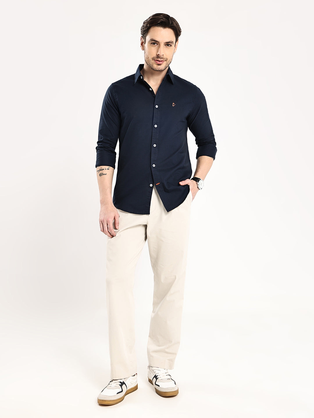 HangerLoop Men’s 100% Cotton Oxford Yarn Dyed Full Sleeve Regular Fit Shirt – Regular Collar - Navy