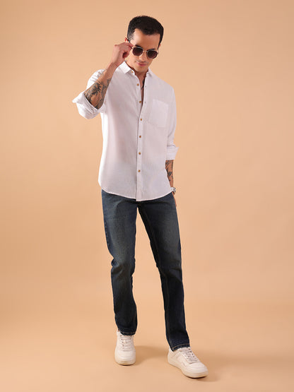 Men's Pure Linen Full Sleeve Shirt - Regular Fit, Cutaway Collar - White