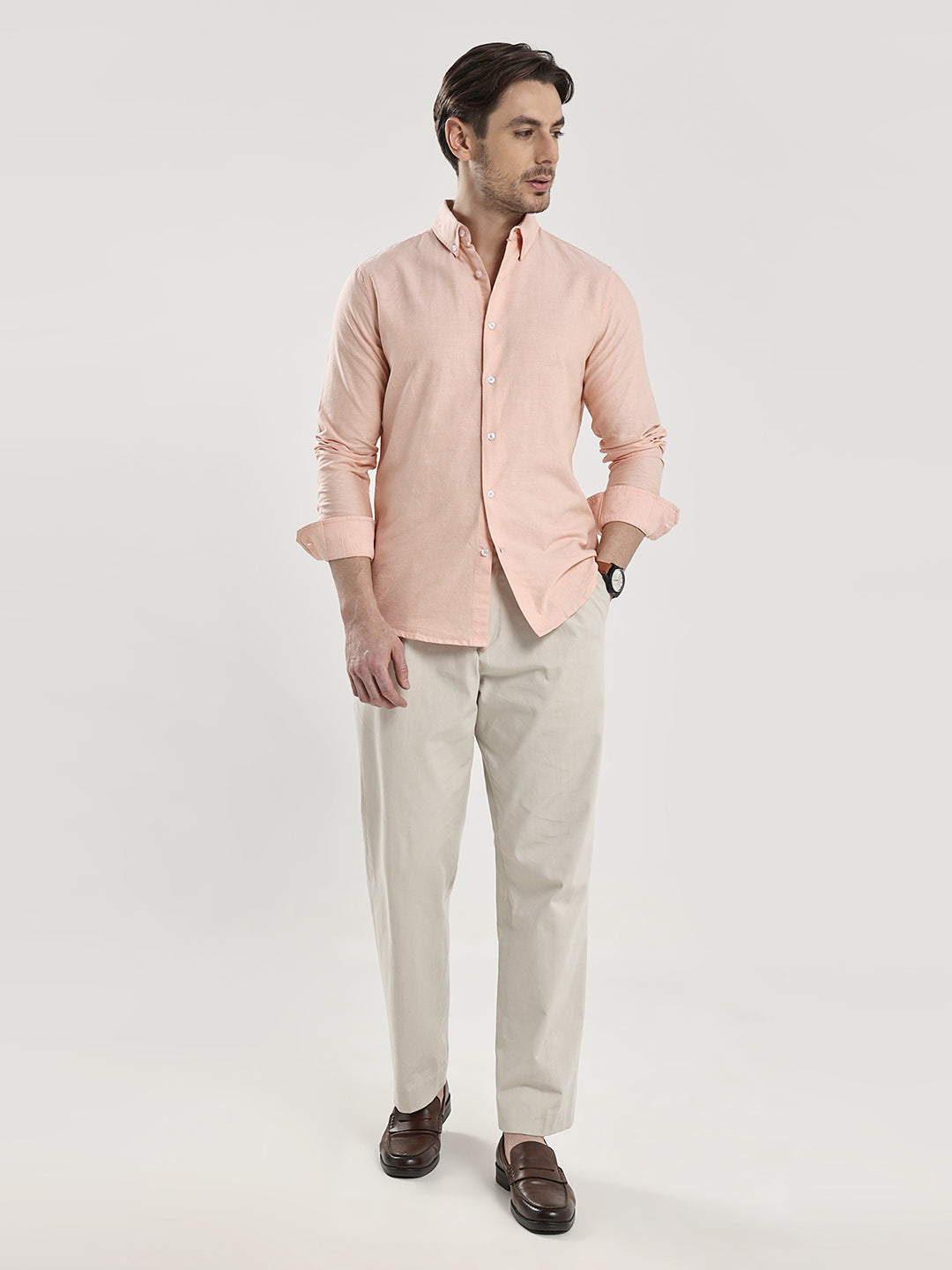 HangerLoop Men’s 100% Cotton Oxford Yarn Dyed Full Sleeve Shirt – Button Down Collar | Regular Fit - Peach