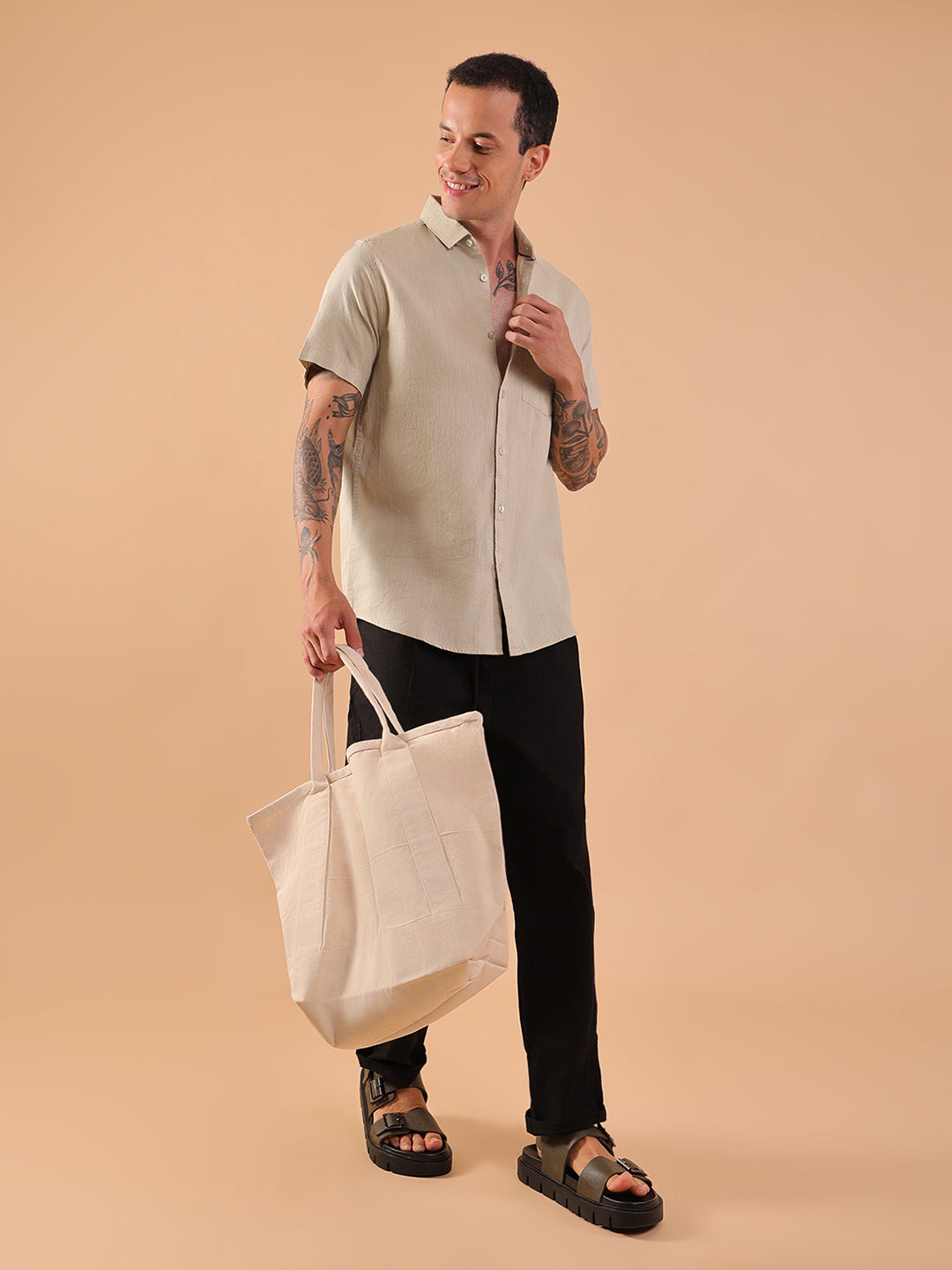 Cotton Linen Half Sleeve Shirt - Regular Fit - Pista