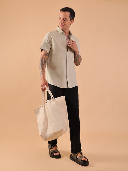 Cotton Linen Half Sleeve Shirt - Regular Fit - Pista
