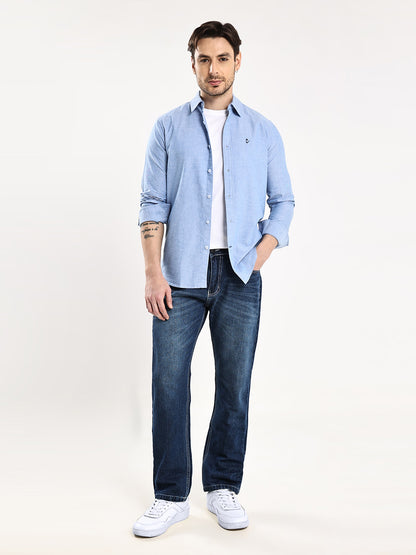 HangerLoop Men’s 100% Cotton Oxford Yarn Dyed Full Sleeve Regular Fit Shirt – Regular Collar - Sky Blue