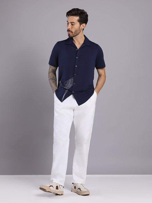 Opaque Printed Knitted Half Sleeve Shirt – Effortless Comfort & Style - Navy