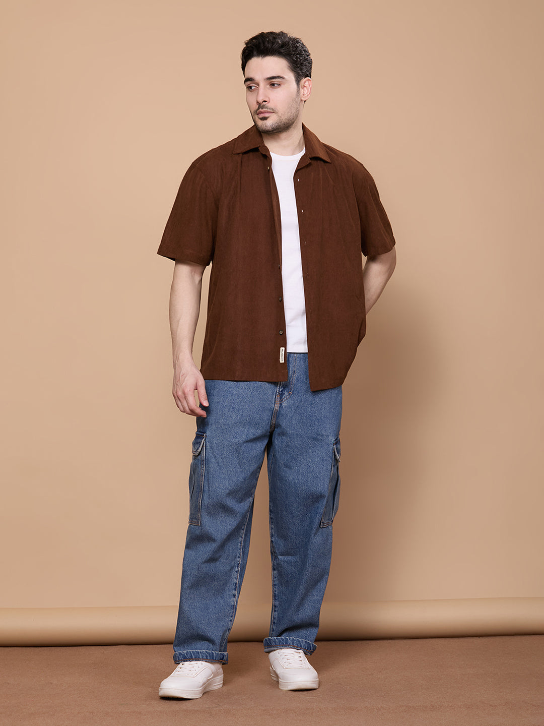 Relaxed Fit Half Sleeve Classic Corduroy Shirt - Brown