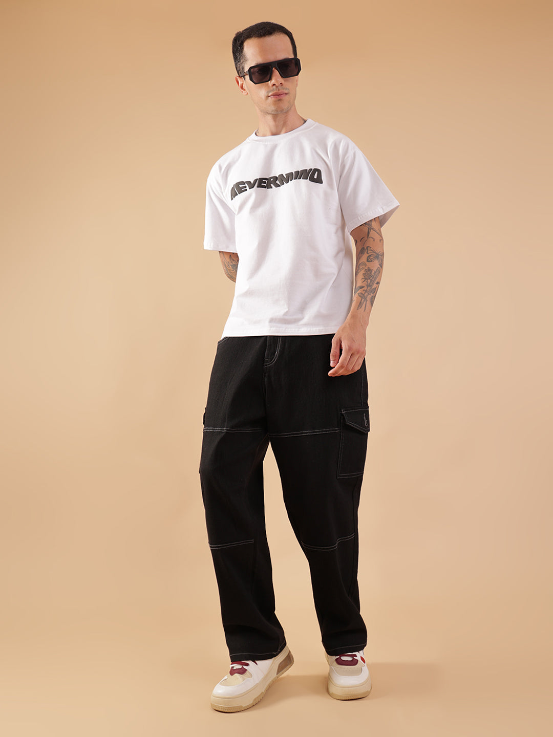 NEVERMIND White Oversized Graphic Print T-Shirt | HangerLoop Unisex Streetwear Tee