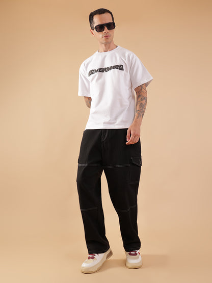 NEVERMIND White Oversized Graphic Print T-Shirt | HangerLoop Unisex Streetwear Tee