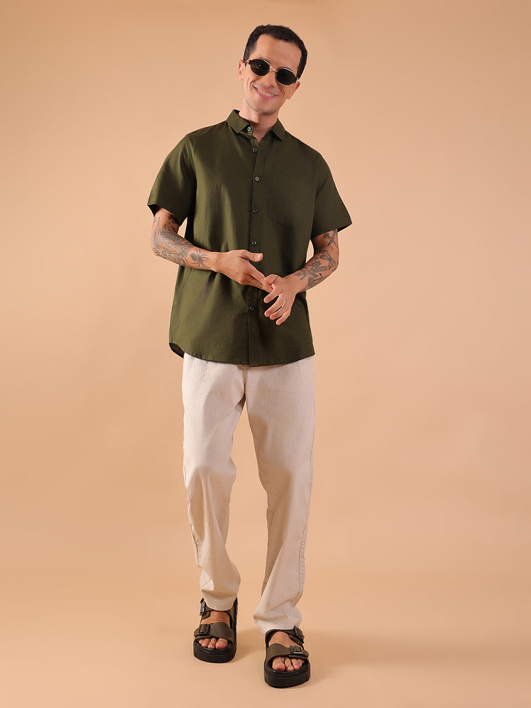 Cotton Linen Half Sleeve Shirt - Regular Fit - Olive