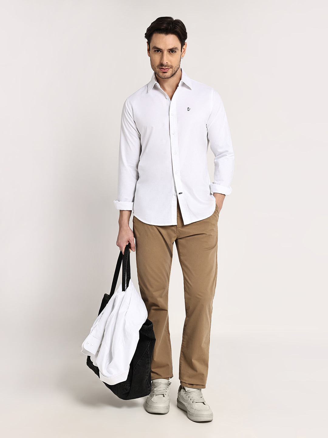 HangerLoop Men’s 100% Cotton Oxford Yarn Dyed Full Sleeve Regular Fit Shirt – Regular Collar - White