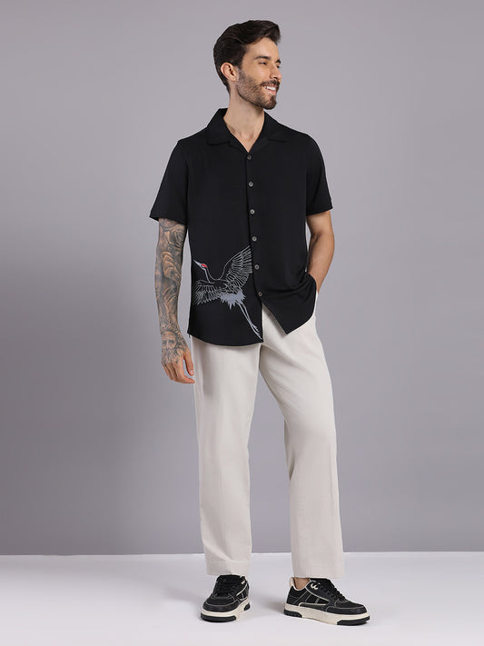 Opaque Printed Knitted Half Sleeve Shirt – Effortless Comfort & Style - Black