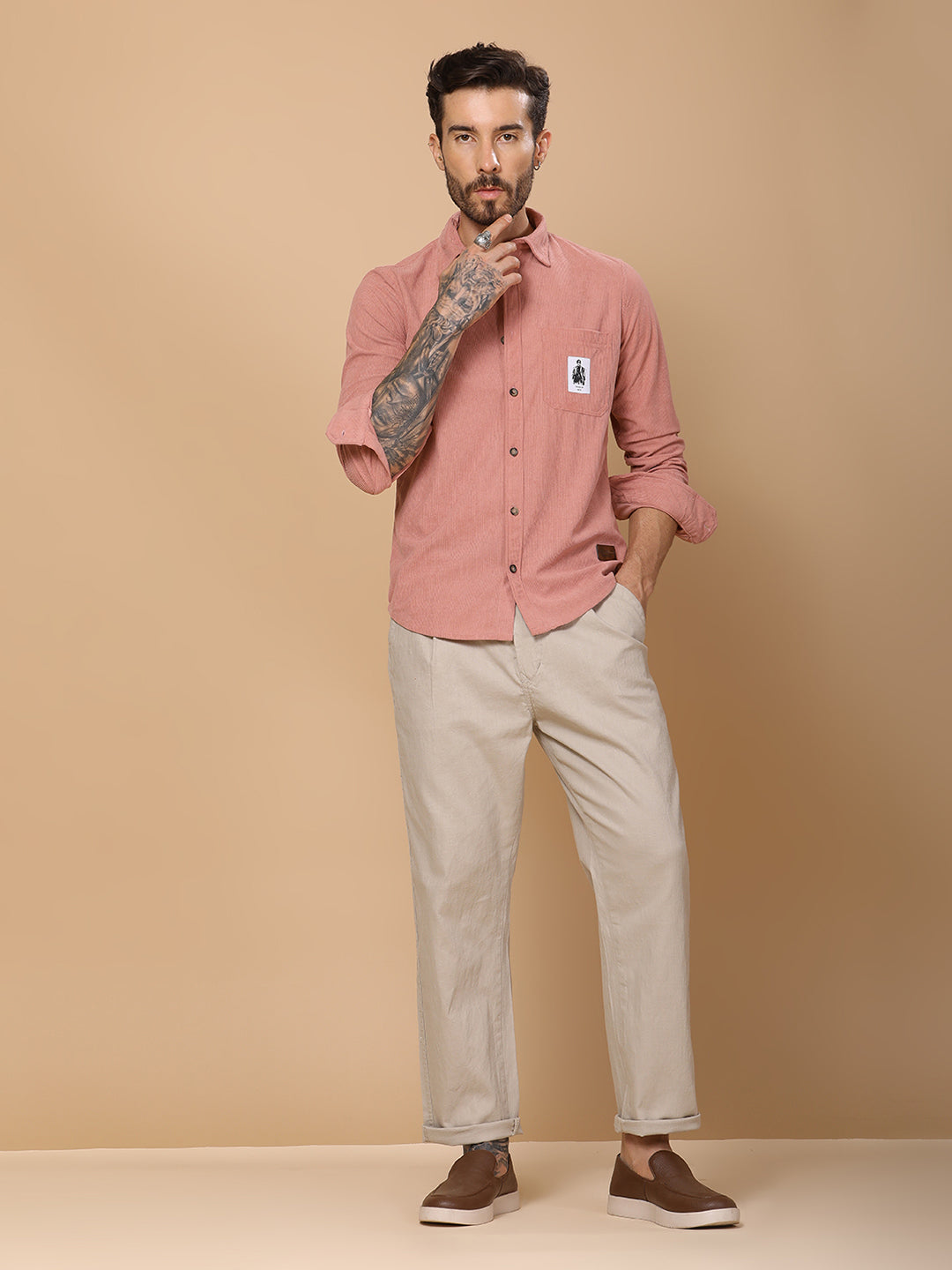 Men’s Corduroy Shirt – Regular Fit, Full Sleeve, Vintage 90’s Style - Peach