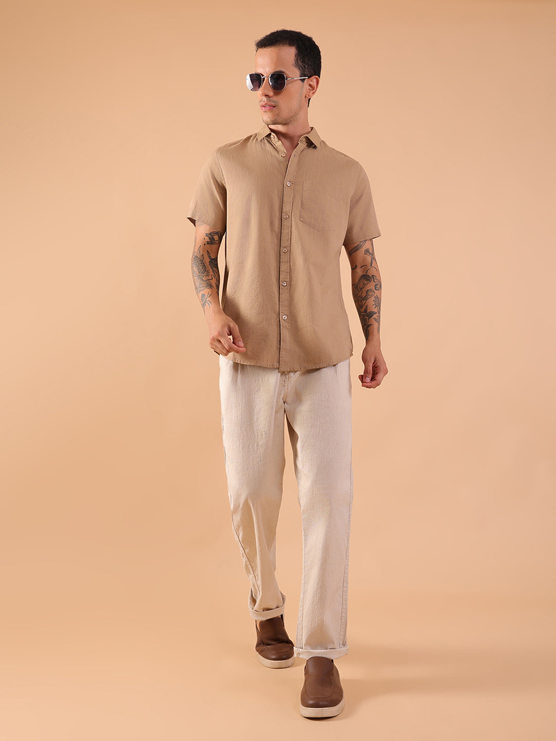 Cotton Linen Half Sleeve Shirt - Regular Fit - Khaki