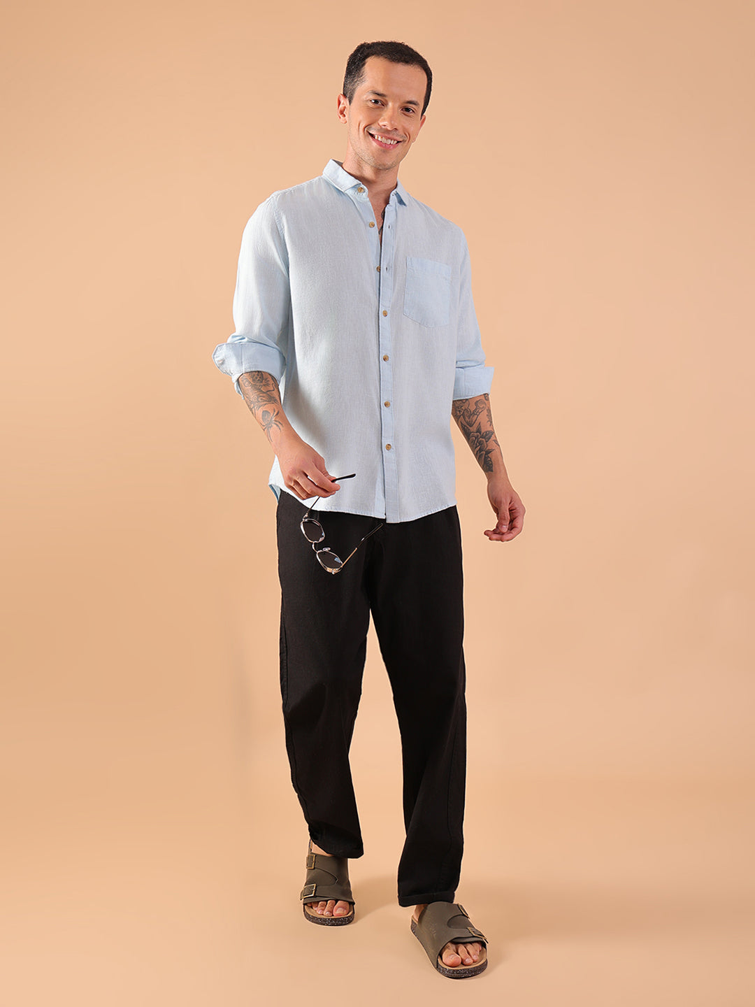 Men's Pure Linen Full Sleeve Shirt - Regular Fit, Cutaway Collar - Blue