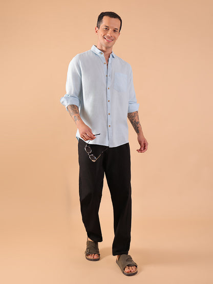 Men's Pure Linen Full Sleeve Shirt - Regular Fit, Cutaway Collar - Blue