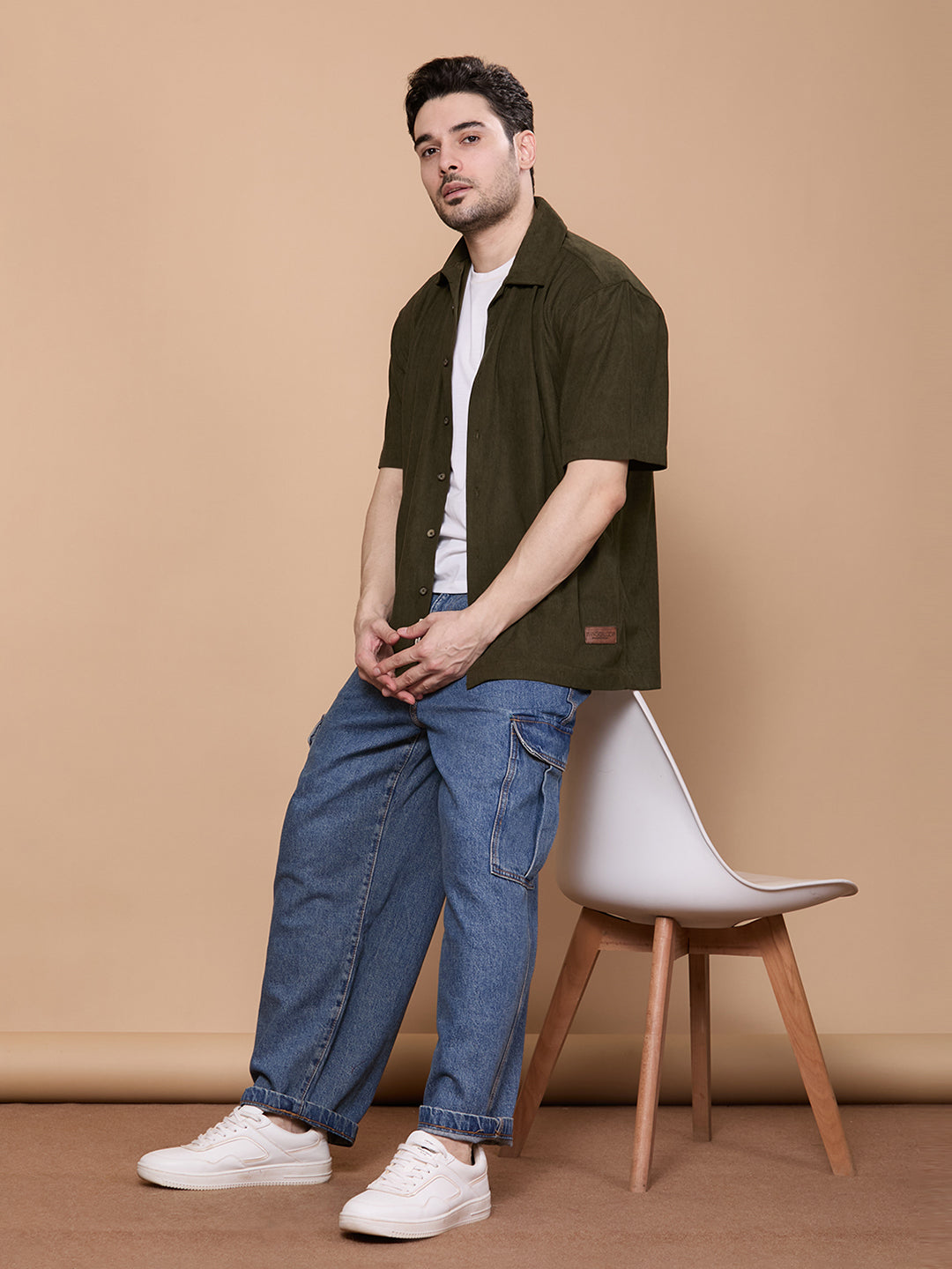 Relaxed Fit Half Sleeve Classic Corduroy Shirt - Olive