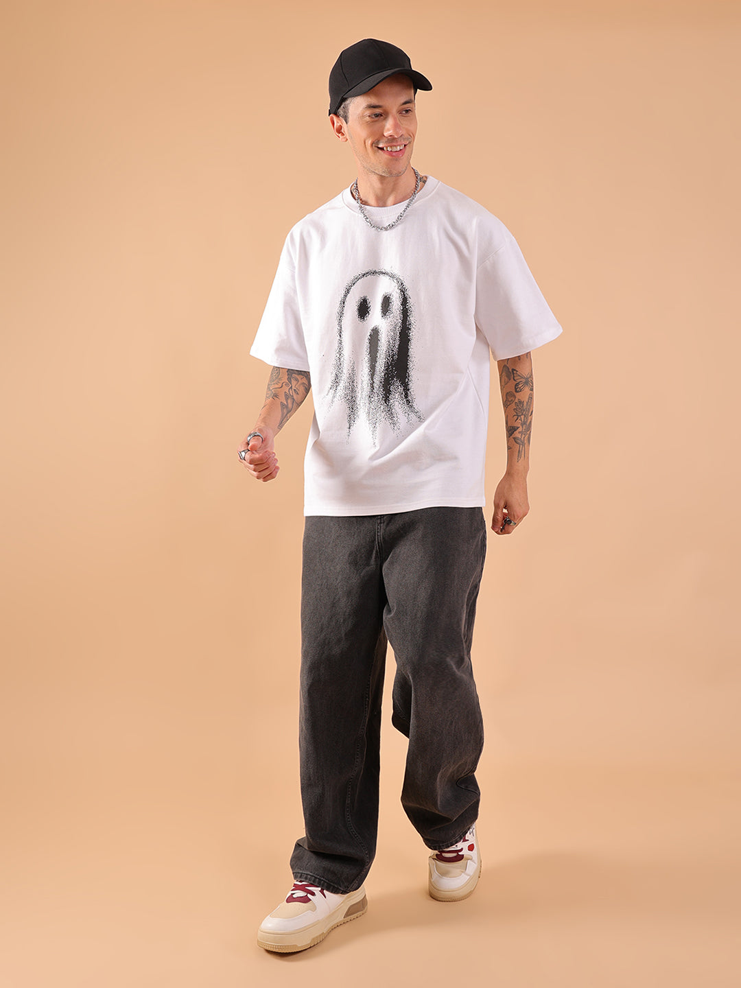Ghost Don't Care Oversized T-Shirt – White | Streetwear Graphic Tee for Men & Women