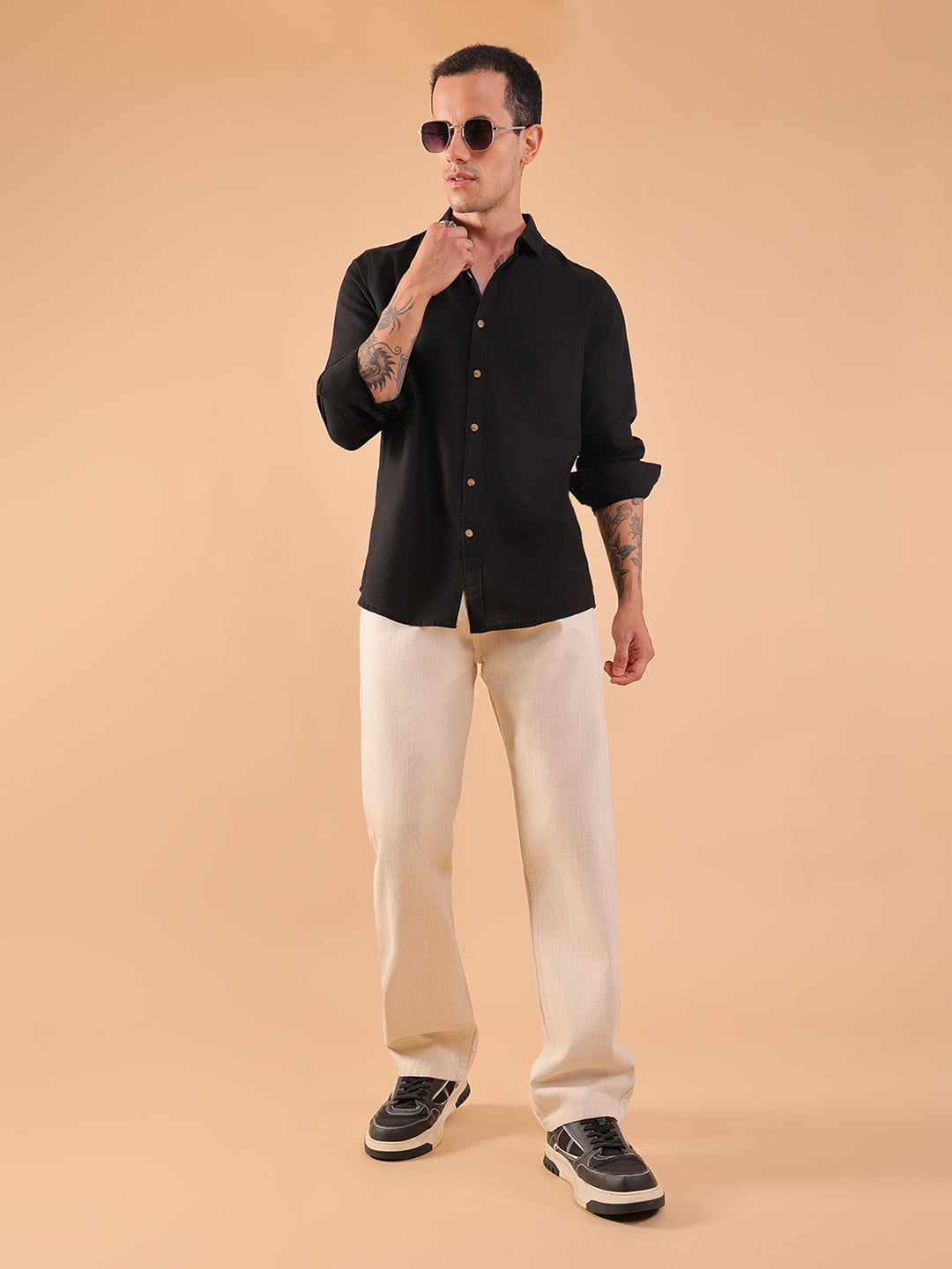 Men's Pure Linen Full Sleeve Shirt - Regular Fit, Cutaway Collar - Black