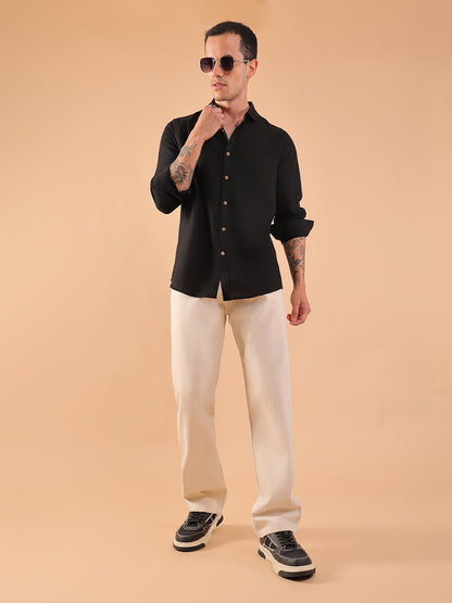 Men's Pure Linen Full Sleeve Shirt - Regular Fit, Cutaway Collar - Black