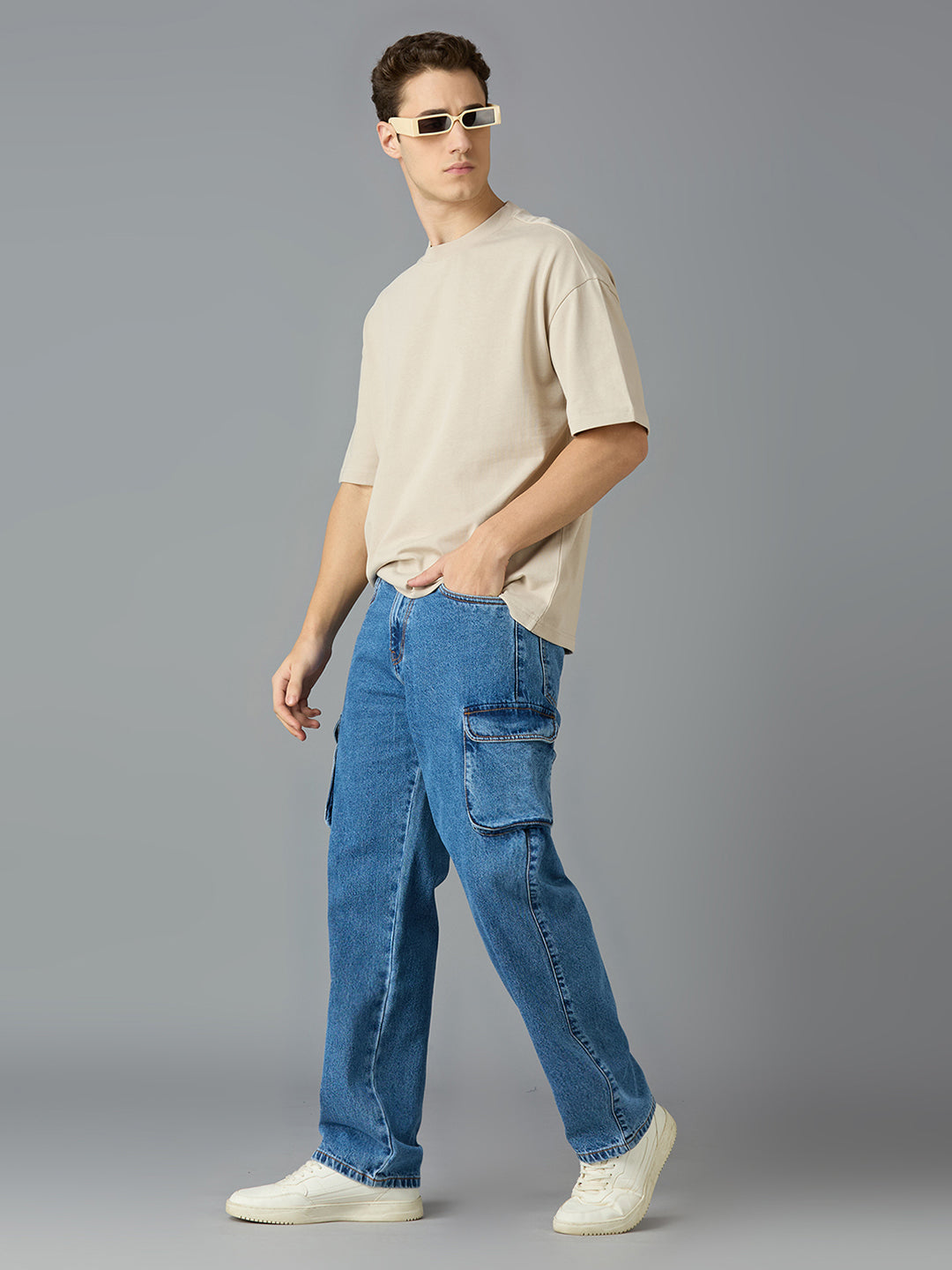 Men Regular Fit Light Fade Blue Cargo Jeans