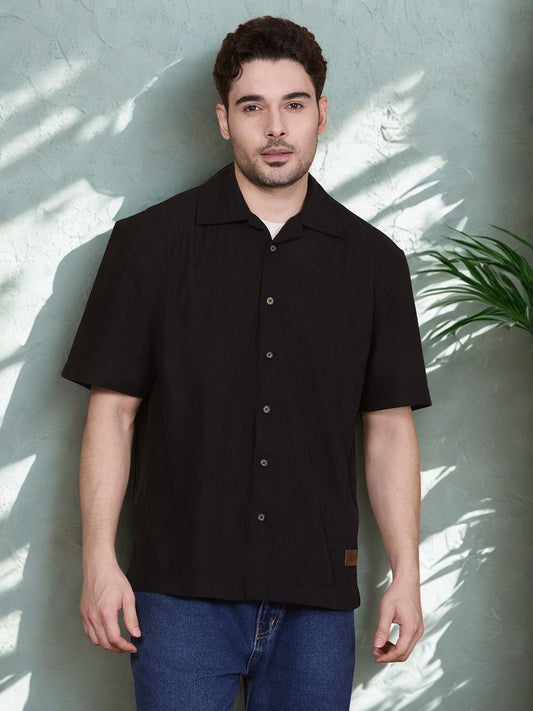Relaxed Fit Half Sleeve Classic Corduroy Shirt - Black