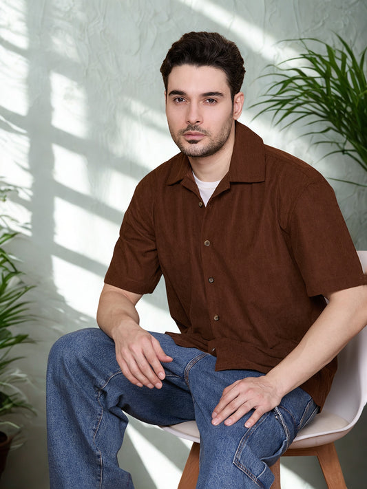 Relaxed Fit Half Sleeve Classic Corduroy Shirt - Brown