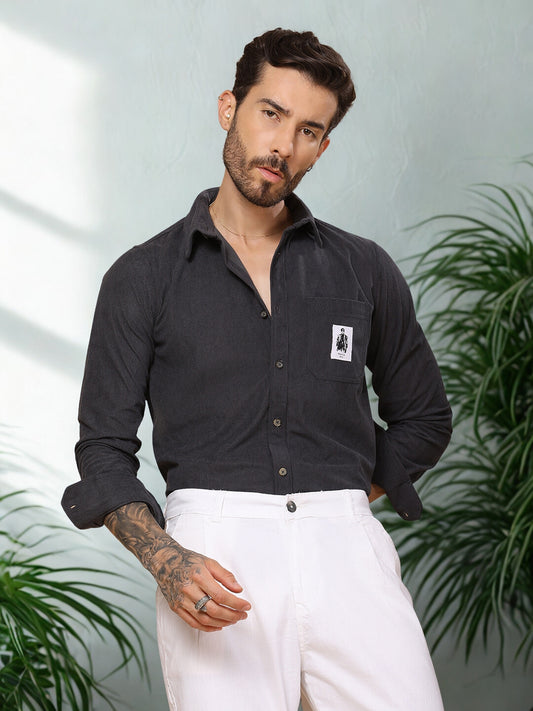 Men’s Corduroy Shirt – Regular Fit, Full Sleeve, Vintage 90’s Style - Dark Grey