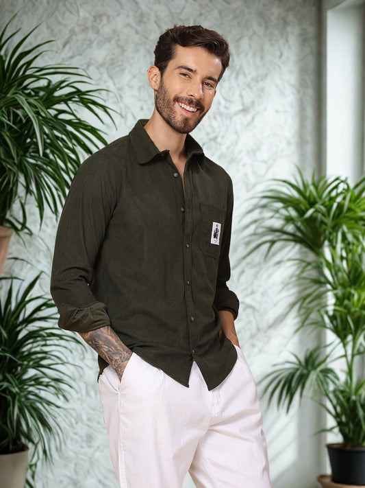 Men’s Corduroy Shirt – Regular Fit, Full Sleeve, Vintage 90’s Style - Olive