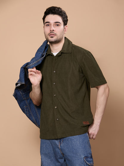 Relaxed Fit Half Sleeve Classic Corduroy Shirt - Olive