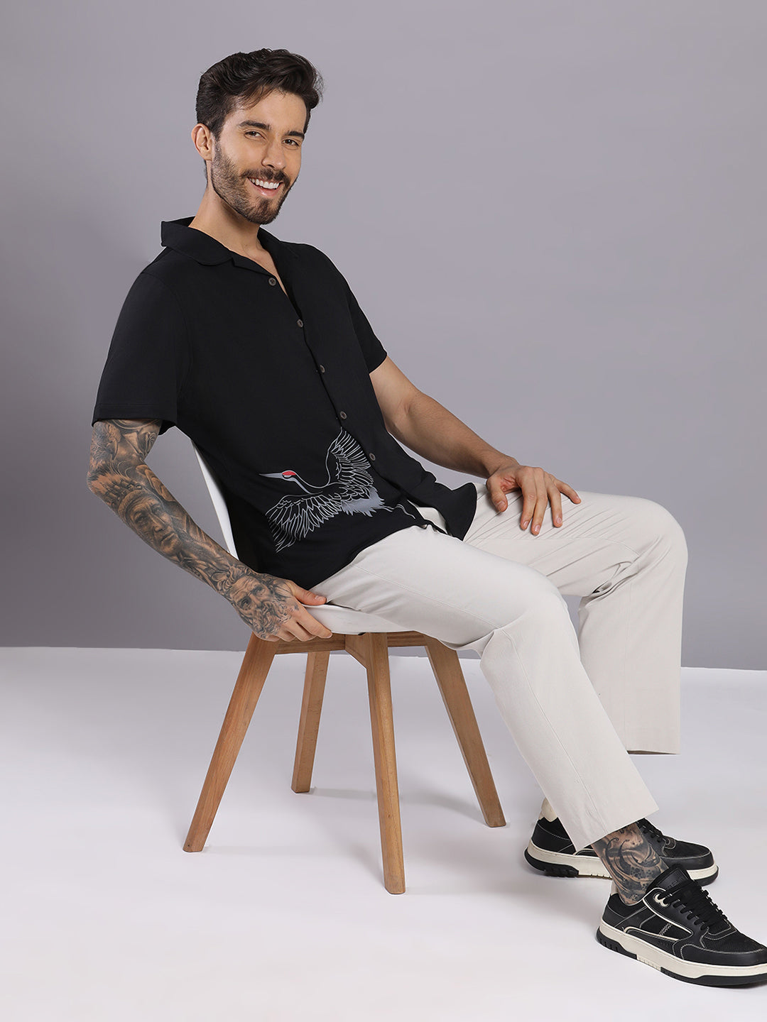 Opaque Printed Knitted Half Sleeve Shirt – Effortless Comfort & Style - Black
