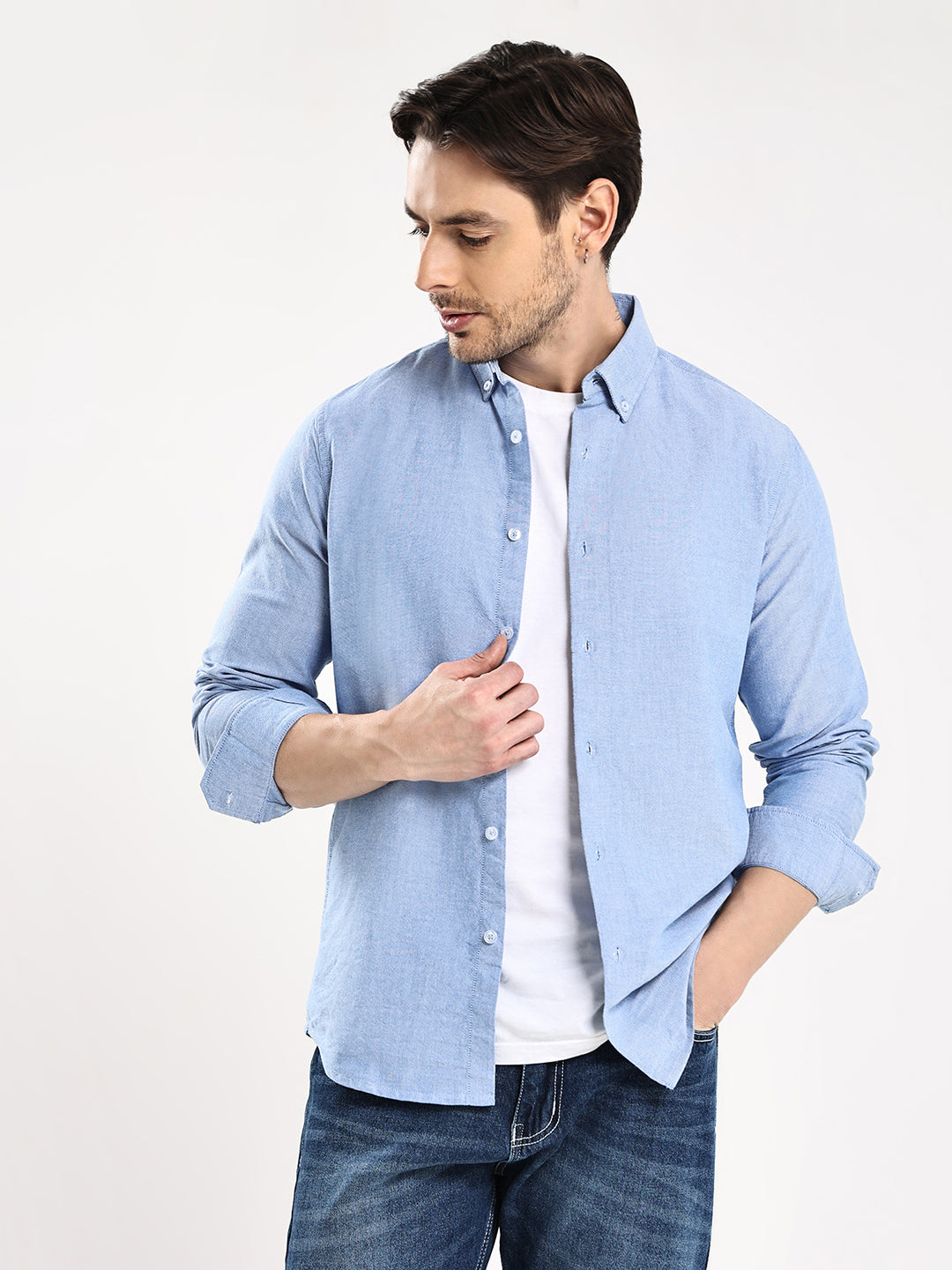 HangerLoop Men’s 100% Cotton Oxford Yarn Dyed Full Sleeve Shirt – Button Down Collar | Regular Fit - Sku Blue