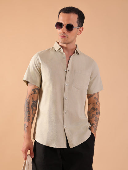 Cotton Linen Half Sleeve Shirt - Regular Fit - Pista
