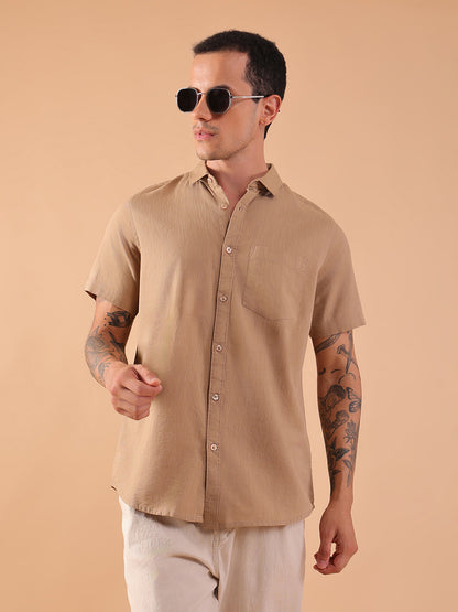 Cotton Linen Half Sleeve Shirt - Regular Fit - Khaki