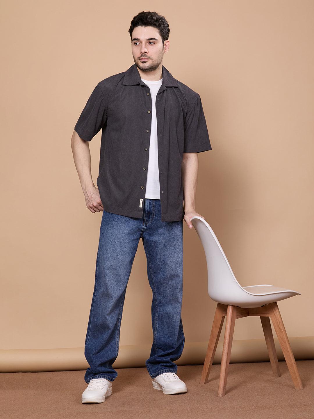 Relaxed Fit Half Sleeve Classic Corduroy Shirt - Dark Grey