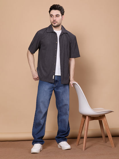 Relaxed Fit Half Sleeve Classic Corduroy Shirt - Dark Grey