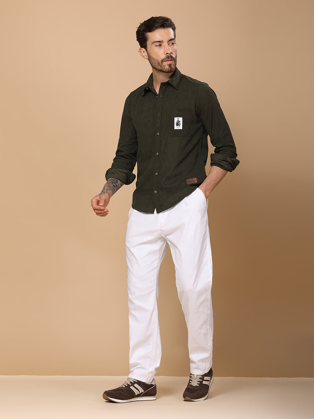 Men’s Corduroy Shirt – Regular Fit, Full Sleeve, Vintage 90’s Style - Olive