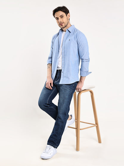 HangerLoop Men’s 100% Cotton Oxford Yarn Dyed Full Sleeve Regular Fit Shirt – Regular Collar - Sky Blue
