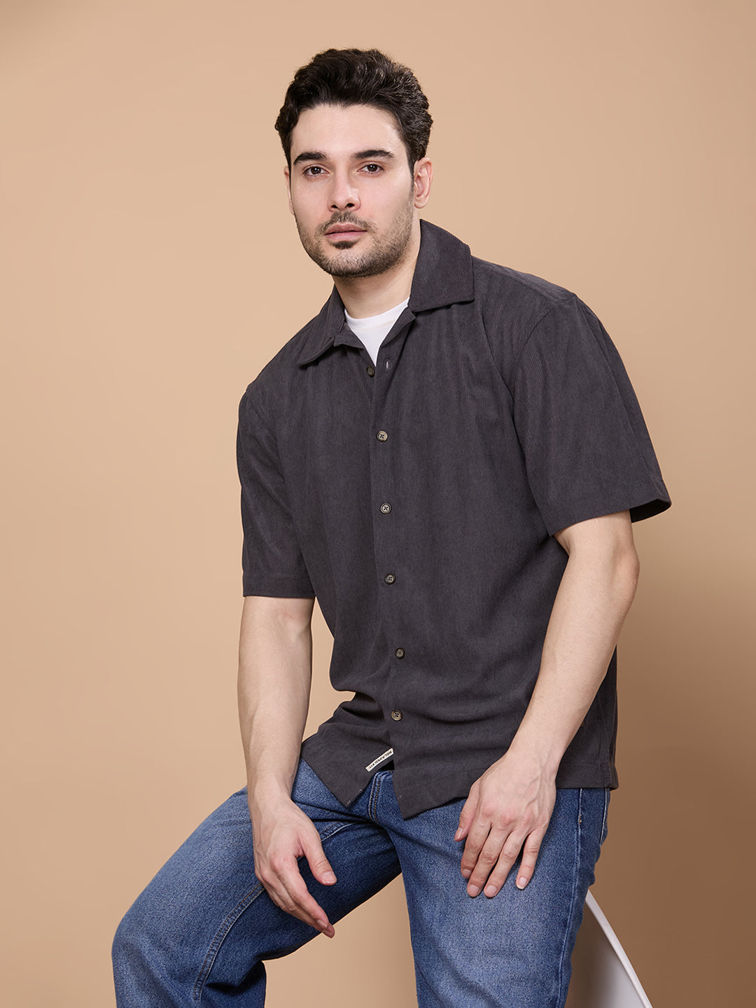 Relaxed Fit Half Sleeve Classic Corduroy Shirt - Dark Grey