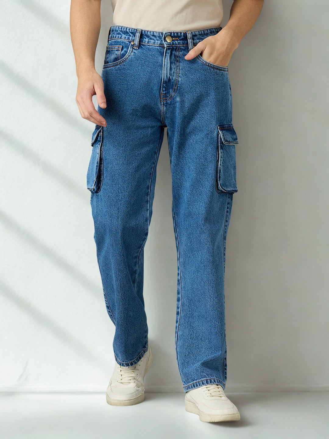 Men Regular Fit Light Fade Blue Cargo Jeans