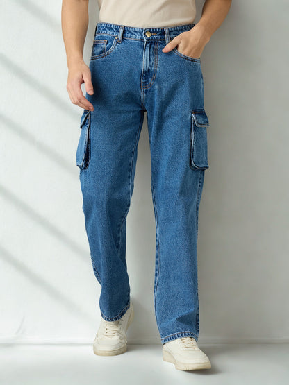 Men Regular Fit Light Fade Blue Cargo Jeans
