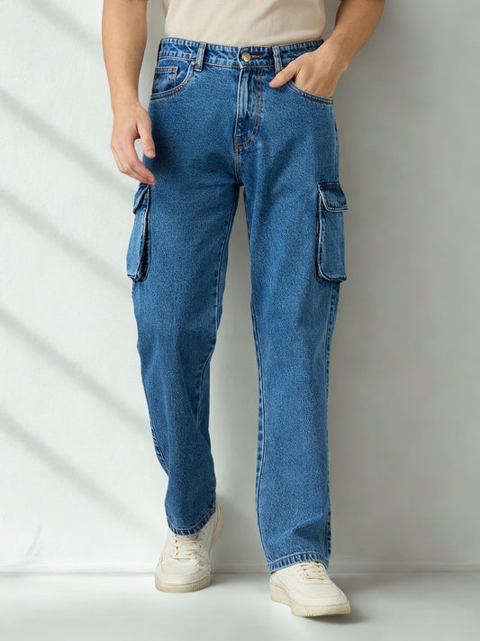 Men Regular Fit Light Fade Blue Cargo Jeans
