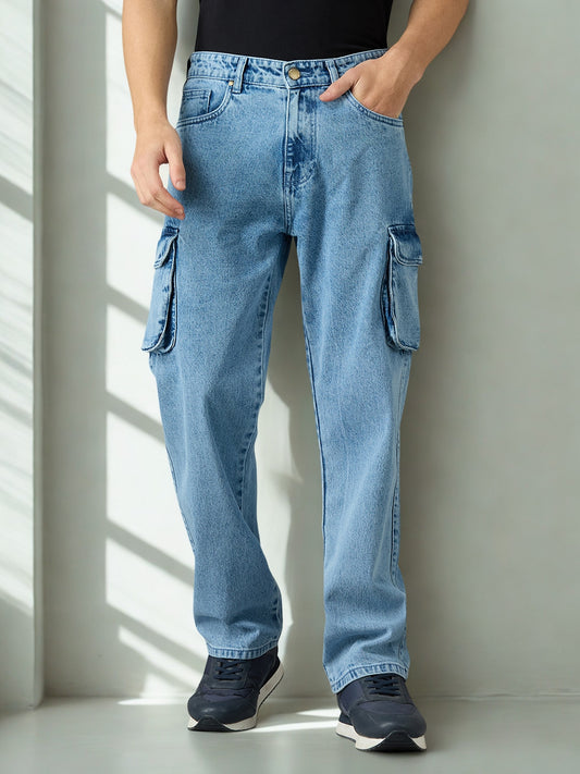 Faded Blue Multi-pocket Cargo Jeans (Men,Blue)