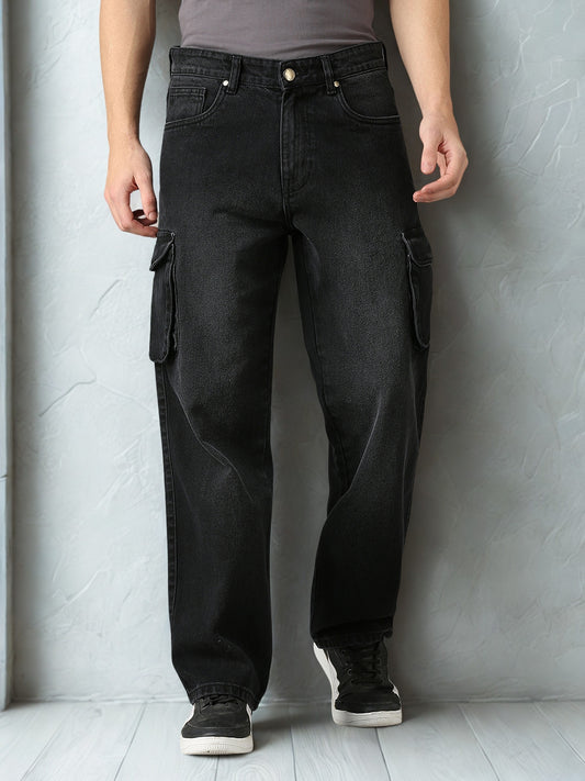 Men Stone wash Multi-pocket Cargo Jeans - Charcoal Black