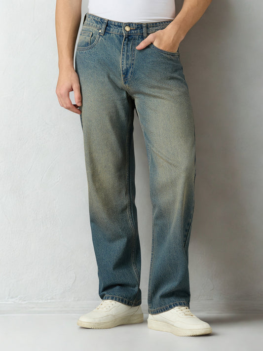 Vintage Heavy washed Straight Leg Jeans (Men, Khaki Tint)
