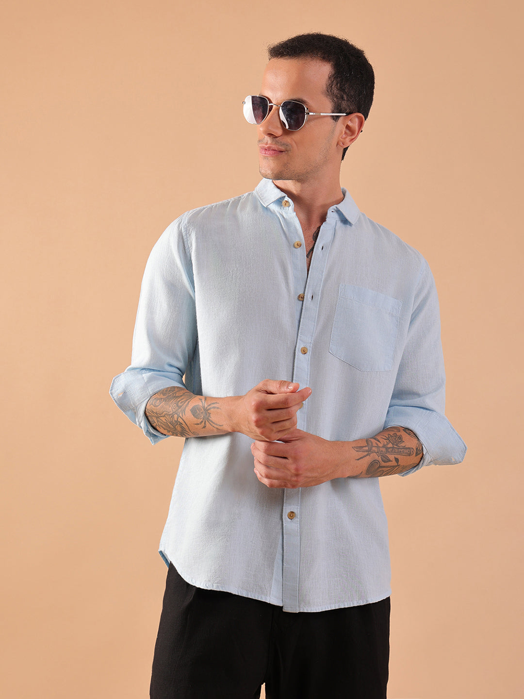 Men's Pure Linen Full Sleeve Shirt - Regular Fit, Cutaway Collar - Blue
