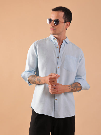 Men's Pure Linen Full Sleeve Shirt - Regular Fit, Cutaway Collar - Blue